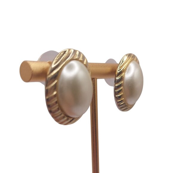 Vintage Faux Pearl & Gold-Tone Post Back Earrings - Picture 2 of 4